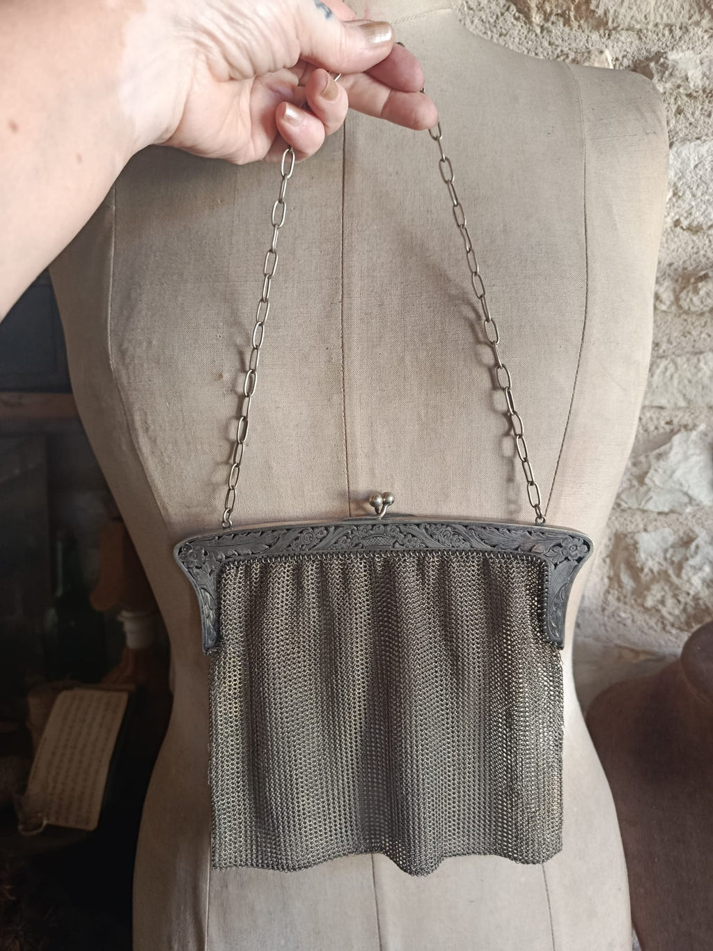 Sac bourse Art Nouveau en métal argenté